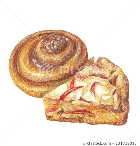 Hand drawn illustration with pice of apple pie and cinnamon bun. Autumn sweet food. Hand drawn colored pencil illustration on white background. Hand drawn illustration with pice of apple pie and cinnamon bun. Autumn sweet food. Hand drawn colored pencil illustration on white background. 131719033