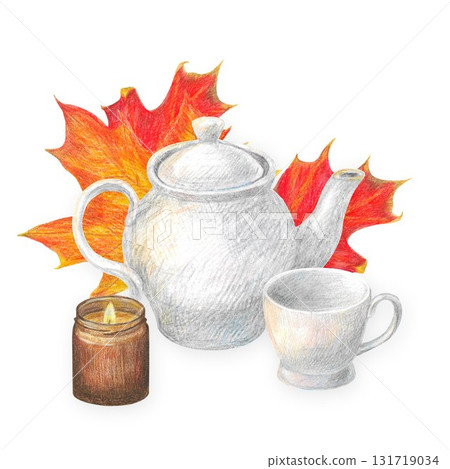 Hand drawn illustration with white porcelain teapot, cup, candle and autumn maple leaves for graphic design. Hand drawn illustration with white porcelain teapot, cup, candle and autumn maple leaves for graphic design. 131719034