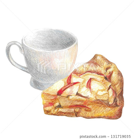 Hand drawn illustration with pice of apple pie and tea cup for graphic design. Autumn sweet food. Hand drawn colored pencil illustration on white background. Hand drawn illustration with pice of apple pie and tea cup for graphic design. Autumn sweet food. Hand drawn colored pencil illustration on white background. 131719035