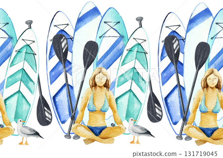 watercolor inflatable paddleboards, paddles, sitting tanned girl in swimsuit, seabird, seamless hand drawn illustration of summer vacation on water, bright stand up paddle boards, sketch of beach life watercolor inflatable paddleboards, paddles, sitting tanned girl in swimsuit, seabird, seamless hand drawn illustration of summer vacation on water, bright stand up paddle boards, sketch of beach life 131719045