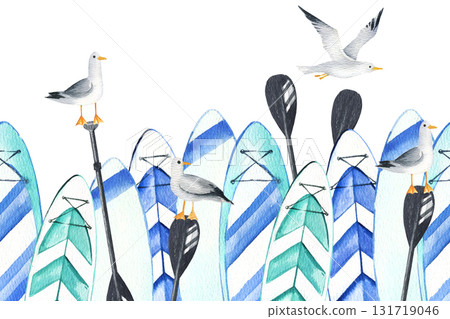 different watercolor inflatable paddleboards stands, flying and sitting seabird, black paddles, hand drawn illustration of bright stand up paddle board, seamless board, sketch of summer vacation 131719046