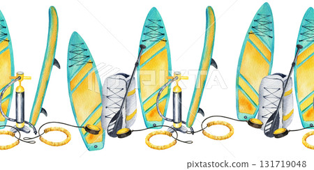 watercolor inflatable stand up paddle board and equipment, paddleboard's backpack, black paddles, pump, life belt, keel, hand drawn illustration of SUP, seamless sketch of summer vacation on water 131719048