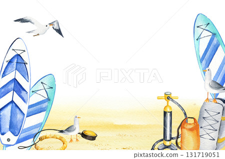 watercolor inflatable paddleboards stands, flying and sitting seabird, pump, orange hermetic bag on sand, hand drawn illustration of stand up paddle board, frame, sketch of summer vacation watercolor inflatable paddleboards stands, flying and sitting seabird, pump, orange hermetic bag on sand, hand drawn illustration of stand up paddle board, frame, sketch of summer vacation 131719051