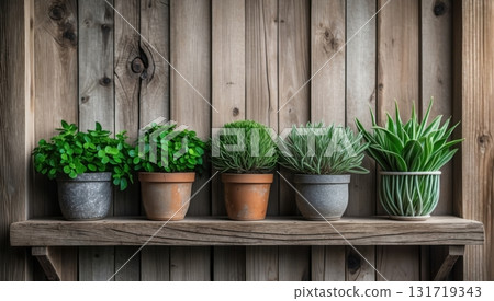 shelf with five potted green plants 131719343