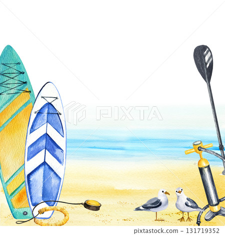 watercolor inflatable paddleboards stands on beach, seabird, black paddle, pump, seascape, hand drawn illustration of stand up paddle board, frame, sketch of summer vacation 131719352