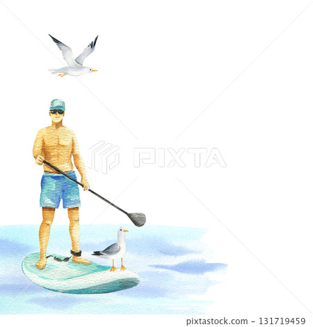 young man with seagull swims on SUP board. Standup paddle boarder floating in sea water on summer vacation, watercolor isolated illustration. Modern sports outdoor activity clipart in simple sketch young man with seagull swims on SUP board. Standup paddle boarder floating in sea water on summer vacation, watercolor isolated illustration. Modern sports outdoor activity clipart in simple sketch 131719459