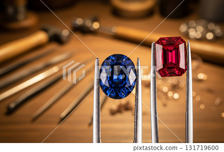 Two gems are on a table, one blue sapphire and one red ruby Two gems are on a table, one blue sapphire and one red ruby 131719600