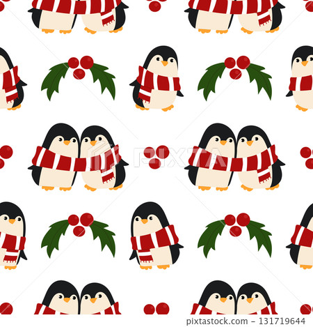 A cute Christmas seamless pattern with penguins and mistletoe. 131719644