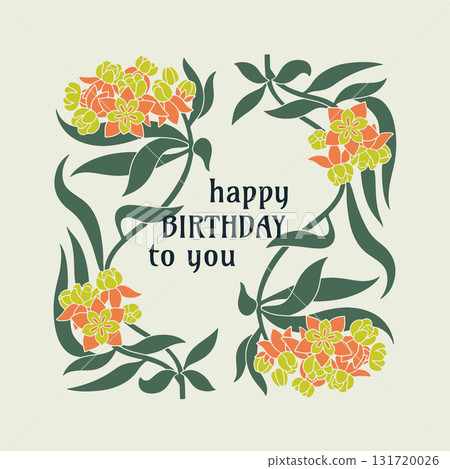 Hand drawn Art nouveau milkweed flowers and leaves frame. Vintage tropical botanical border card template with text happy birthday to you 131720026