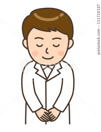 Illustration of a young male pharmacist bowing his head 131720187
