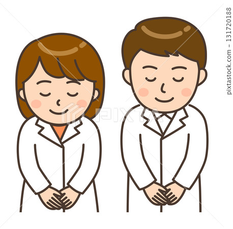 Illustration of a young male and female pharmacist bowing 131720188