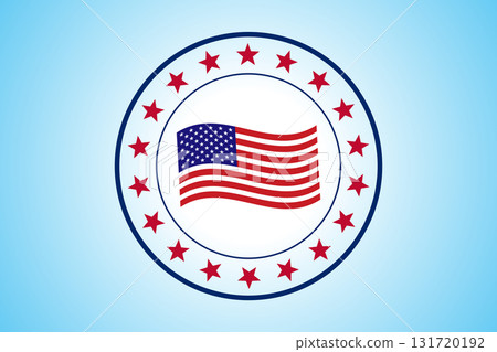 Round frame american waving flag Emblem the fourth of july with stars on Light Blue Background. Round frame american waving flag Emblem the fourth of july with stars on Light Blue Background. 131720192
