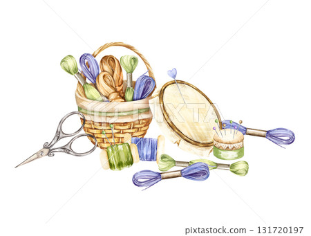 watercolor brown willow basket with threads, yarn, scissors, pincushion, flosses, needle pad, needles, embroidery hoop, handiwork set, hand drawn sketch of accessory, cozy home hobby for shop decor watercolor brown willow basket with threads, yarn, scissors, pincushion, flosses, needle pad, needles, embroidery hoop, handiwork set, hand drawn sketch of accessory, cozy home hobby for shop decor 131720197