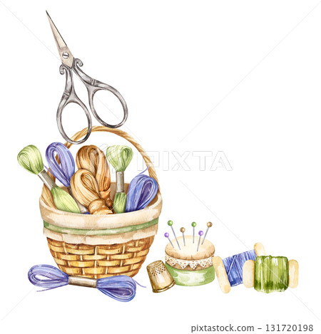 watercolor brown willow basket with threads, yarn, scissors, pincushion, flosses, needle pad, needles, embroidery hoop, handiwork set, hand drawn sketch of accessory, cozy home hobby for shop decor watercolor brown willow basket with threads, yarn, scissors, pincushion, flosses, needle pad, needles, embroidery hoop, handiwork set, hand drawn sketch of accessory, cozy home hobby for shop decor 131720198