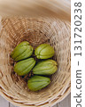 Several fresh green chayote fruits in a wicker basket top view. Organic tropical vegetable harvest. Healthy vegan food and sustainable farming concept 131720238