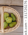 Several fresh green chayote fruits in a wicker basket top view. Organic tropical vegetable harvest. Healthy vegan food and sustainable farming concept 131720276
