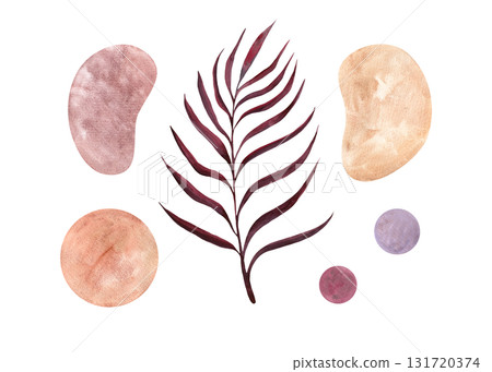 A set of watercolor elements: circles, spots, and a branch in pastel shades with a paper texture for design and decoration. 131720374