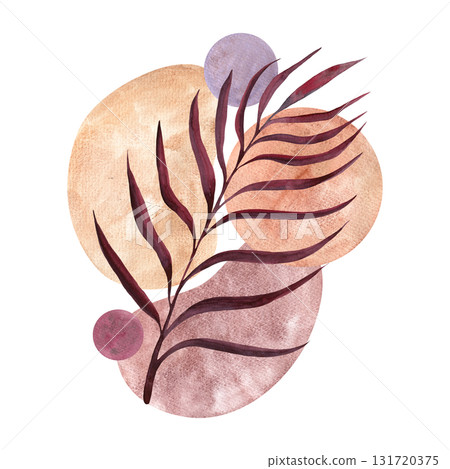 A minimalist watercolor composition with a twig and pastel-colored spots for design and decoration. A minimalist watercolor composition with a twig and pastel-colored spots for design and decoration. 131720375