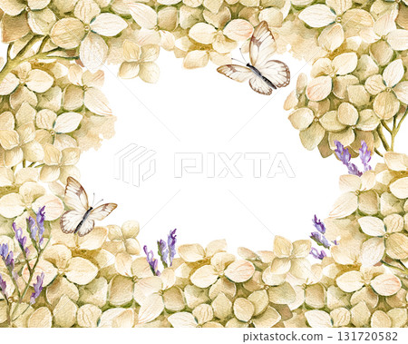 beige horizontal frame with watercolor hydrangea branches with flowers, butterfly, garden flowers in vintage style, pastel colors blossom flowers heard, bud for greeting card, wedding decoration 131720582