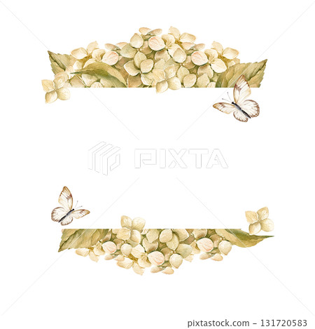beige horizontal frame with watercolor hydrangea branches with flowers, butterfly, garden flowers in vintage style, pastel colors blossom flowers heard, bud for greeting card, wedding decoration 131720583