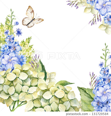 watercolor green hydrangea branches with flowers, leaves and twigs, blue delphinium, butterfly, garden flowers, pastel colors blossom flowers heard, bud for greeting card, wedding decoration 131720584