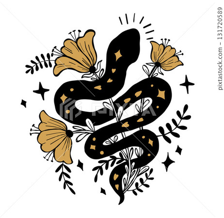 Mystical Snake with Flowers Plants. Textured Hand Drawing Doodle. Sketch Kundalini for design, symbolizing magic and transformation. Vector Illustration. Not AI 131720589