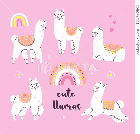 A set of cute white llamas. Vector graphics. 131720605