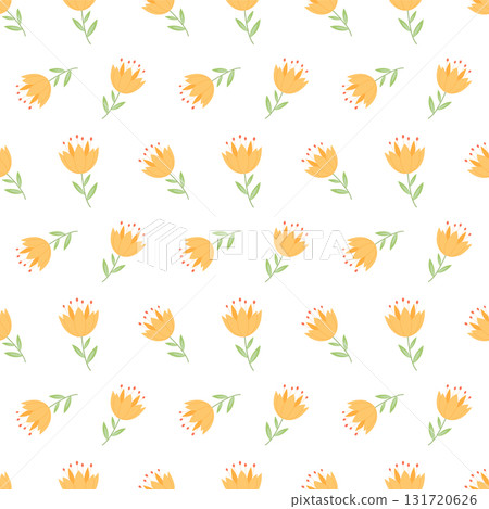 Seamless Yellow Floral Pattern with Green Leaves on White Background Seamless Yellow Floral Pattern with Green Leaves on White Background 131720626
