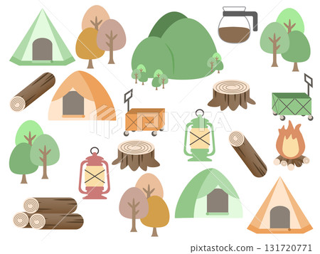 A camping equipment set in soft, gentle colors A camping equipment set in soft, gentle colors 131720771