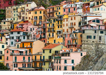 colorful house, buildings and old facade with windows in small picturesque village Manarola Cinque terre in liguria 131720794