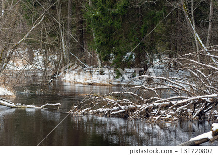 winter view of small river, winter landscape with forest river winter view of small river, winter landscape with forest river 131720802