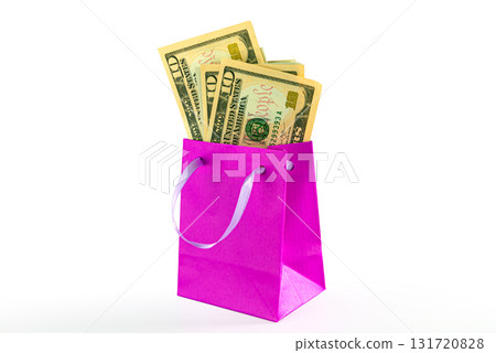 shopping bag filled with US dollar bils isolated on white background, shopping spending concept 131720828