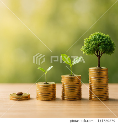 Money growth stages: Conceptual photo of a plant growing from a seed to a tree and stacks of coins Money growth stages: Conceptual photo of a plant growing from a seed to a tree and stacks of coins 131720879