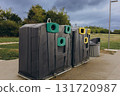 Modern recycling station with separate containers for waste sorting and environmental protection. Concept of sustainability and responsible consumption 131720987