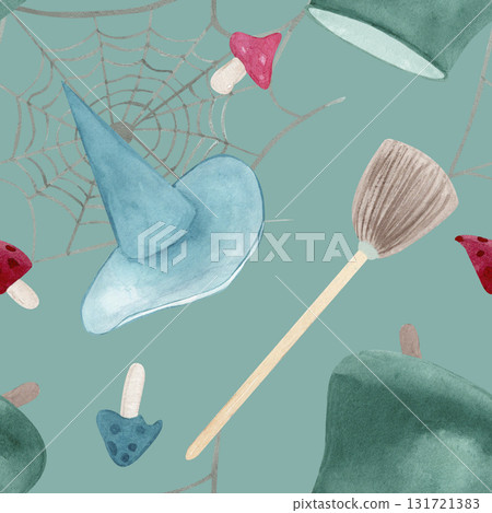 Watercolor seamless pattern witch cauldrons, hats, potions, broomstick and spiderweb. Hand drawn composition on blue background. Halloween decor, wrapping paper, textiles, and stationery 131721383