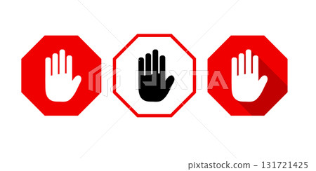 Red Octagonal Stop Sign with Hand Icons for Safety Warnings. No Entry Stop Hand Symbol for Prohibited Activities. Red Octagonal Stop Sign with Hand Icons for Safety Warnings. No Entry Stop Hand Symbol for Prohibited Activities. 131721425