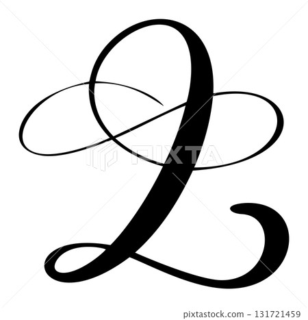 Calligraphic vector hand drawn letter L forming ornate monogram with decorative flourish and design elegant scroll 131721459