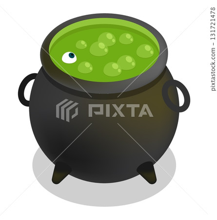 Isometric foul smelling green potion bubbles in the sorcerer metal cauldron. Isolated cartoon vector on white background Isometric foul smelling green potion bubbles in the sorcerer metal cauldron. Isolated cartoon vector on white background 131721478