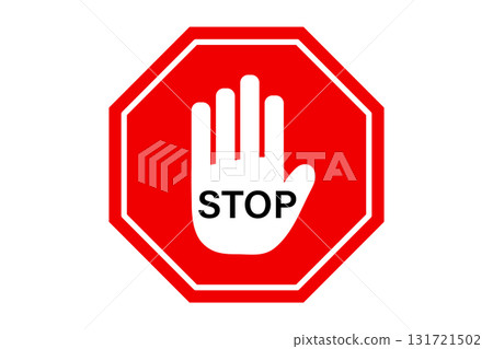 Red Octagon Stop Sign with White Hand Symbol. Stop Hand Symbol for Prohibited Activities. 131721502