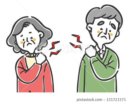 患有肩膀僵硬、上身、向量的老年夫婦 患有肩膀僵硬、上身、向量的老年夫婦 131721571