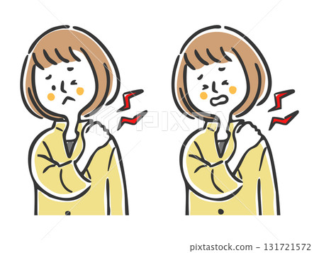 Woman suffering from stiff shoulders, upper body, vector 131721572