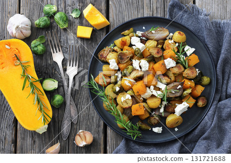 roasted autumn vegetable salad and feta cheese 131721688