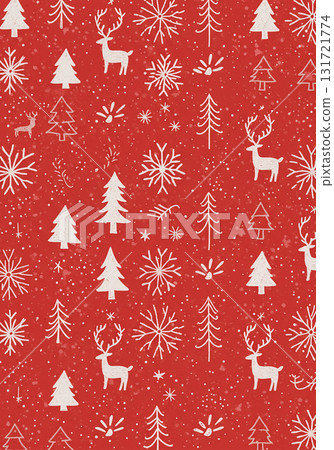 紅色背景上的斯堪的納維亞風格的聖誕節圖案（馴鹿和樹） 131721774