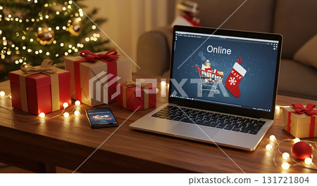 線上訂購聖誕禮物的節慶場景 線上訂購聖誕禮物的節慶場景 131721804