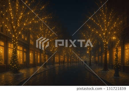 聖誕夜，綠樹成蔭的街道上點亮了聖誕彩燈 131721839