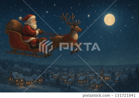 聖誕夜，聖誕老公公和他的馴鹿在天空飛翔 131721841