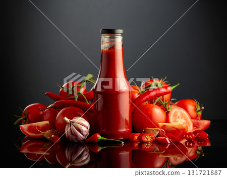 Bottle of tomato sauce with fresh tomatoes, red peppers, and garlic. Bottle of tomato sauce with fresh tomatoes, red peppers, and garlic. 131721887