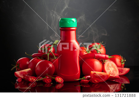 Plastic bottle of ketchup with fresh tomatoes and red peppers. 131721888