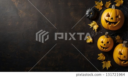 A Halloween backdrop with glowing pumpkins on a dark textured surface and yellow autumn leaves on a dark background. Banner with space for text. 131721964