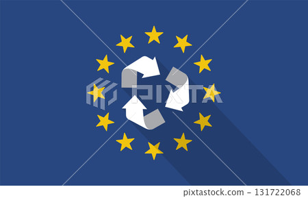 Recycling Symbol with Long Shadow on the European Union Flag. 131722068